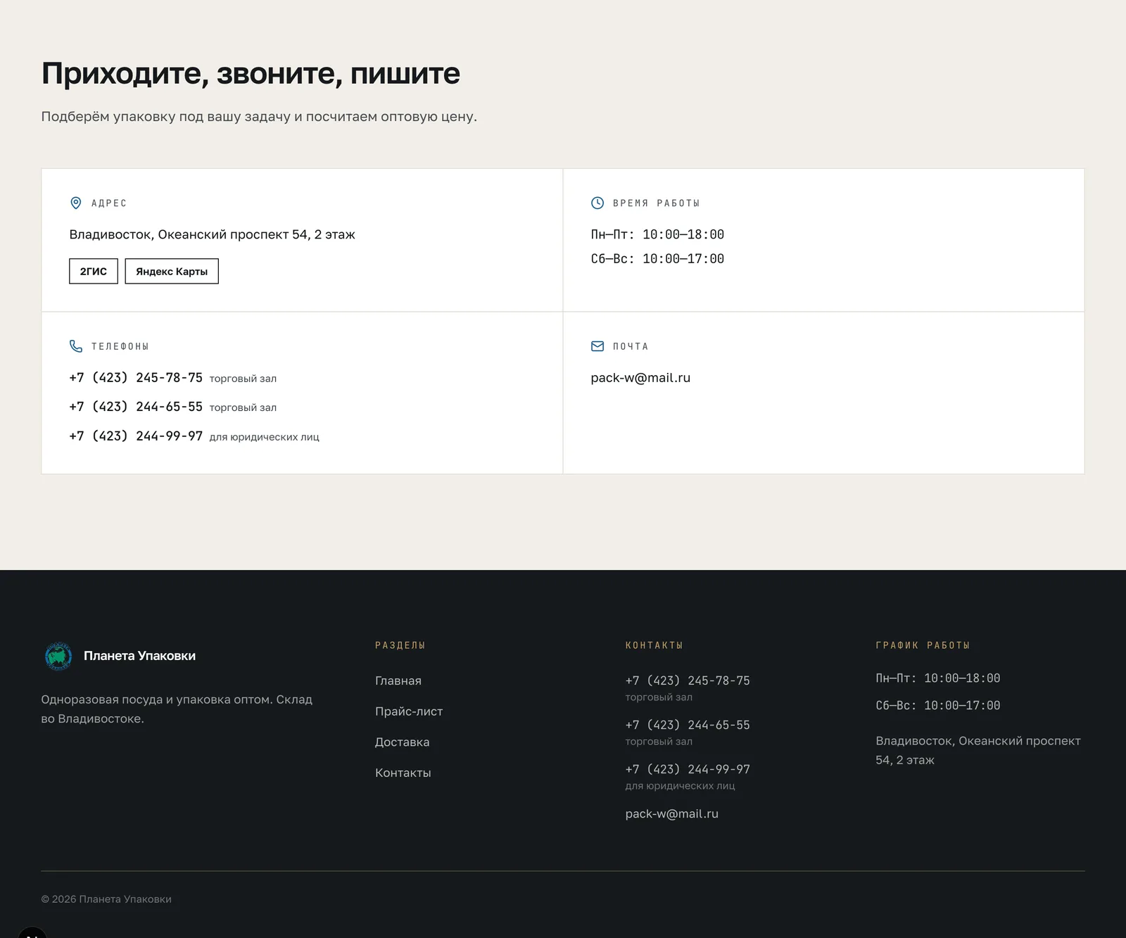 Блок контактов и подвал: адрес, телефоны, режим работы, ссылки на карты