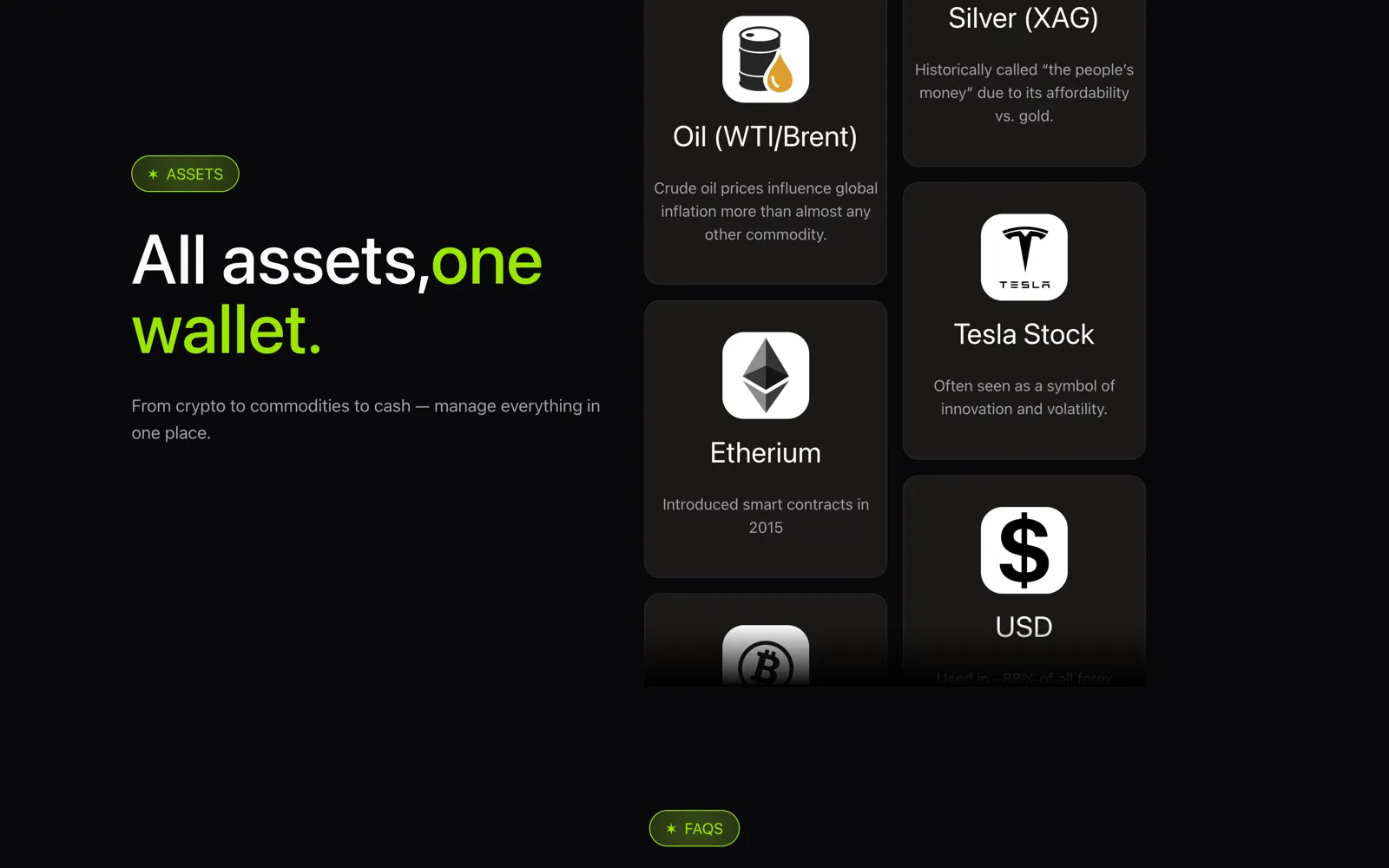 Секция «All assets, one wallet» со встречными колонками карточек активов