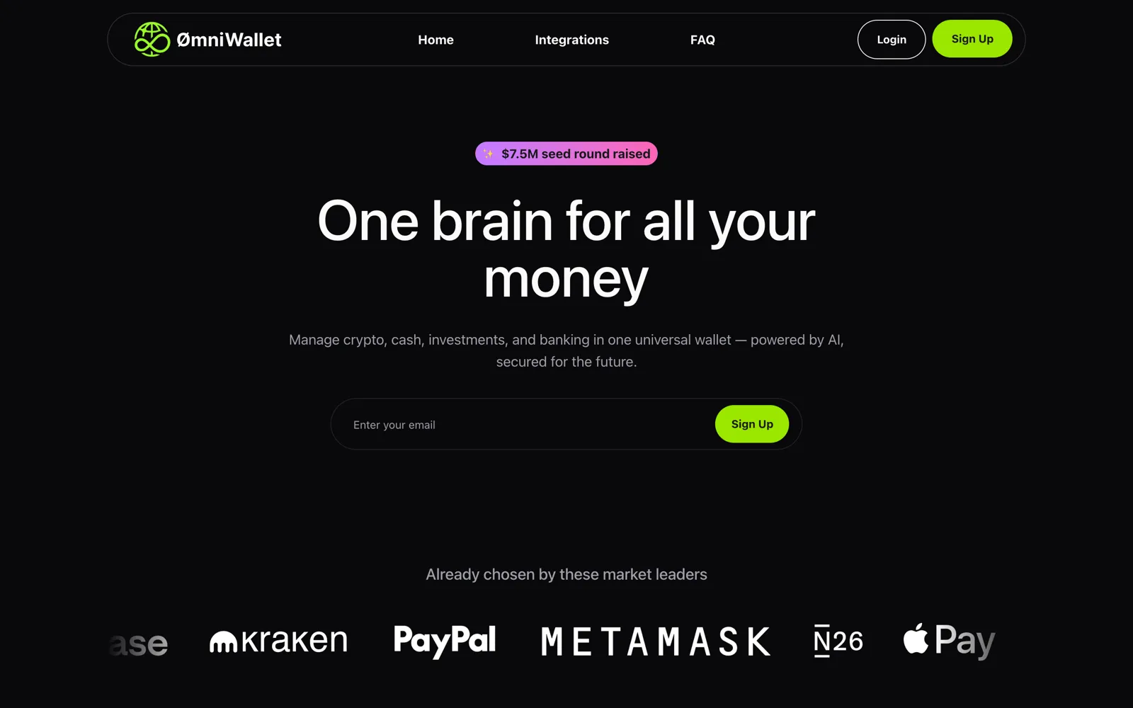 Первый экран ØmniWallet: заголовок, форма подписки и логотипы партнёров